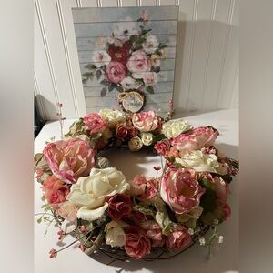 Floral Wreath with Pink and Cream Roses also wall word sign